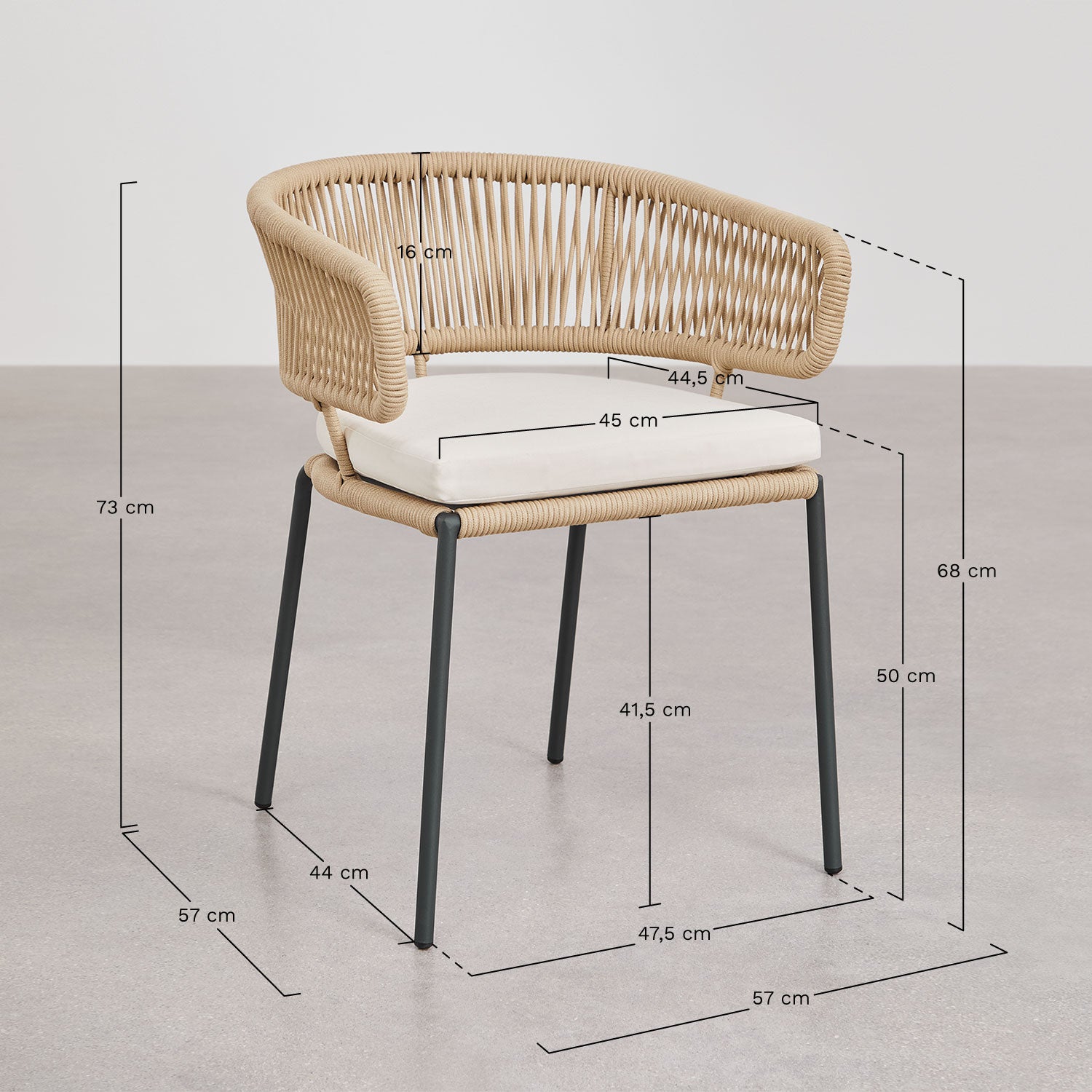Pack de 4 chaises de salle à manger avec accoudoirs en fer et corde tressée Calipso