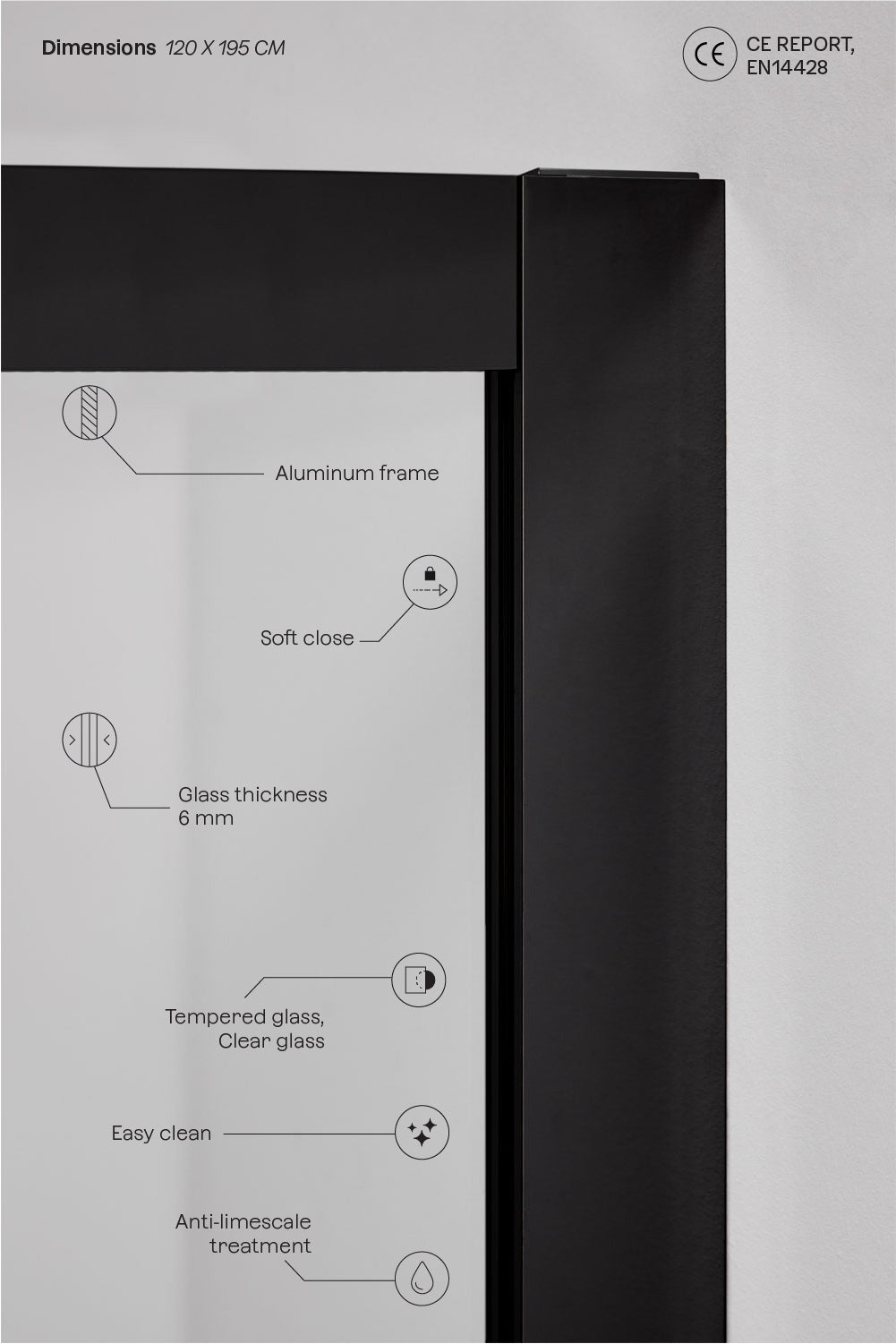Mampara de douche à accès frontal avec porte coulissante à fermeture douce, verre trempé 6 mm et aluminium Dover