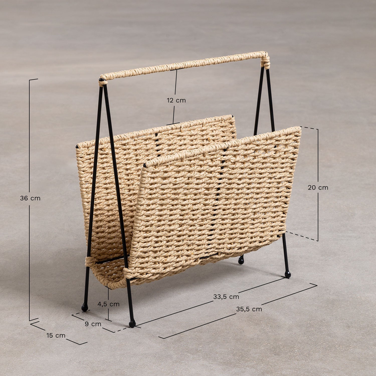 Porte-revues au sol en métal et papier tressé Nerin