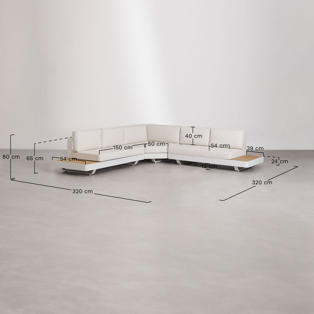 Salon de jardin avec canapé d'angle 5 places et table basse en aluminium et bois de teck Yarilo