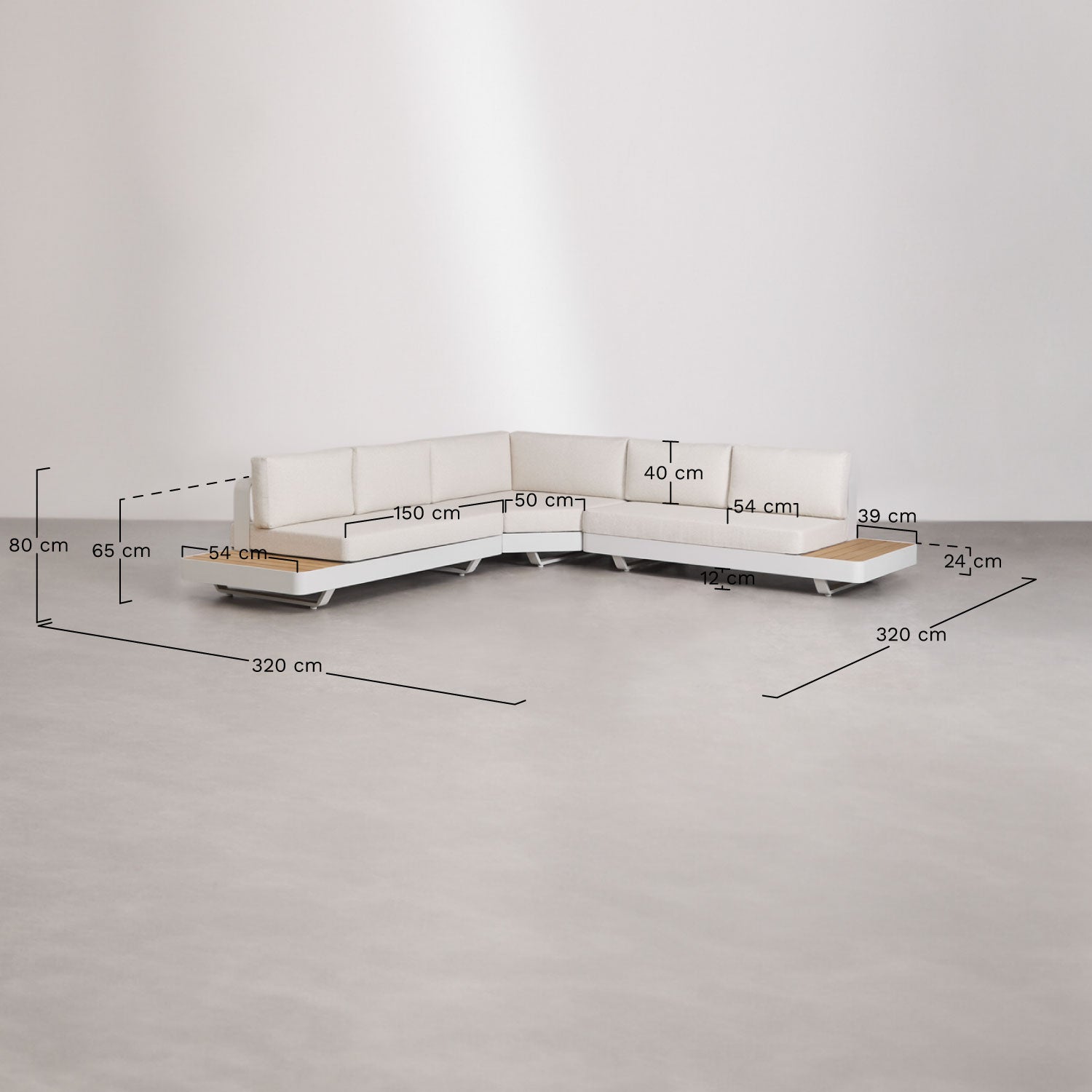 Salon de jardin avec canapé d'angle 5 places et table basse en aluminium et bois de teck Yarilo