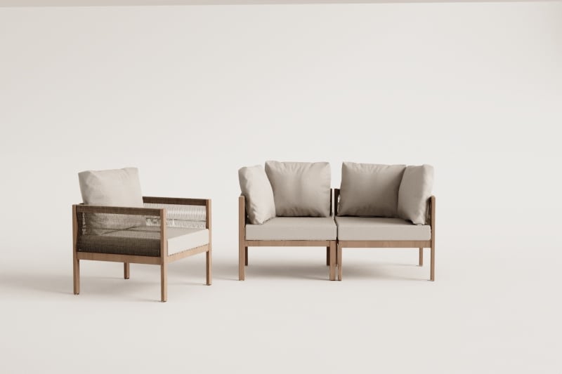 Ensemble de jardin avec canapé modulaire 2 pièces avec accoudoirs et fauteuil en bois d'acacia Branson
