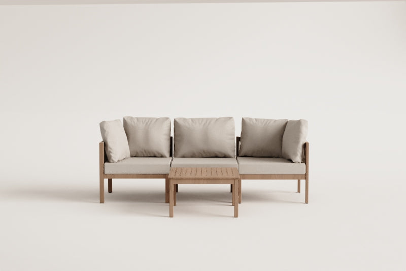 Ensemble de jardin avec canapé modulaire 3 pièces avec accoudoirs et table basse en bois d'acacia Branson