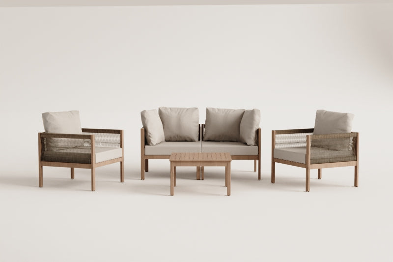Ensemble de jardin avec canapé modulaire 2 pièces avec accoudoirs, 2 fauteuils et table basse en bois d'acacia Branson