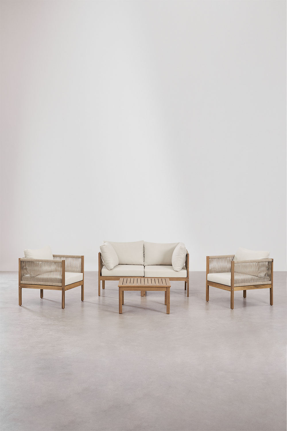 Ensemble de jardin avec canapé modulaire 2 pièces avec accoudoirs, 2 fauteuils et table basse en bois d'acacia Branson