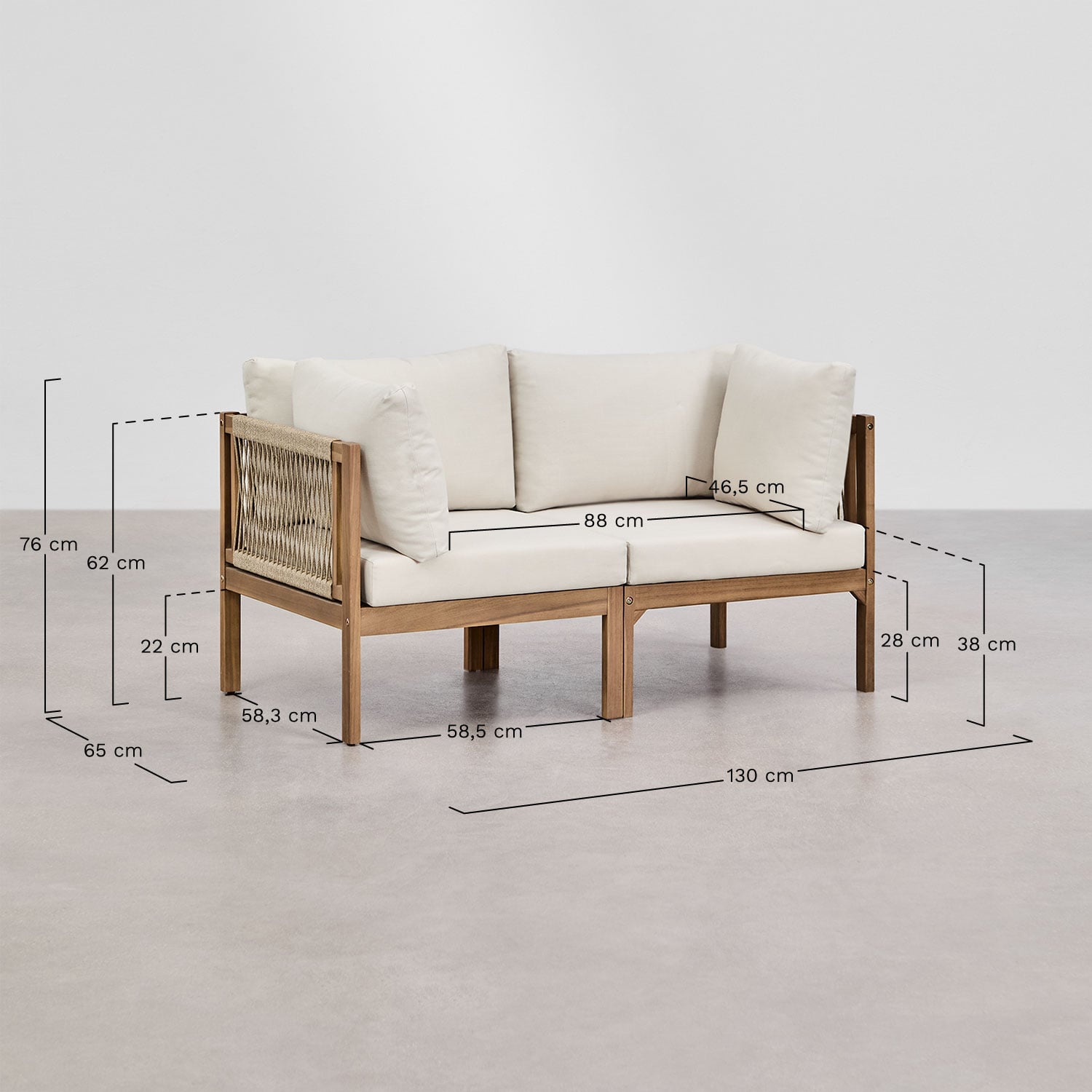 Ensemble de jardin avec canapé modulaire 2 pièces avec accoudoirs, 2 fauteuils et table basse en bois d'acacia Branson