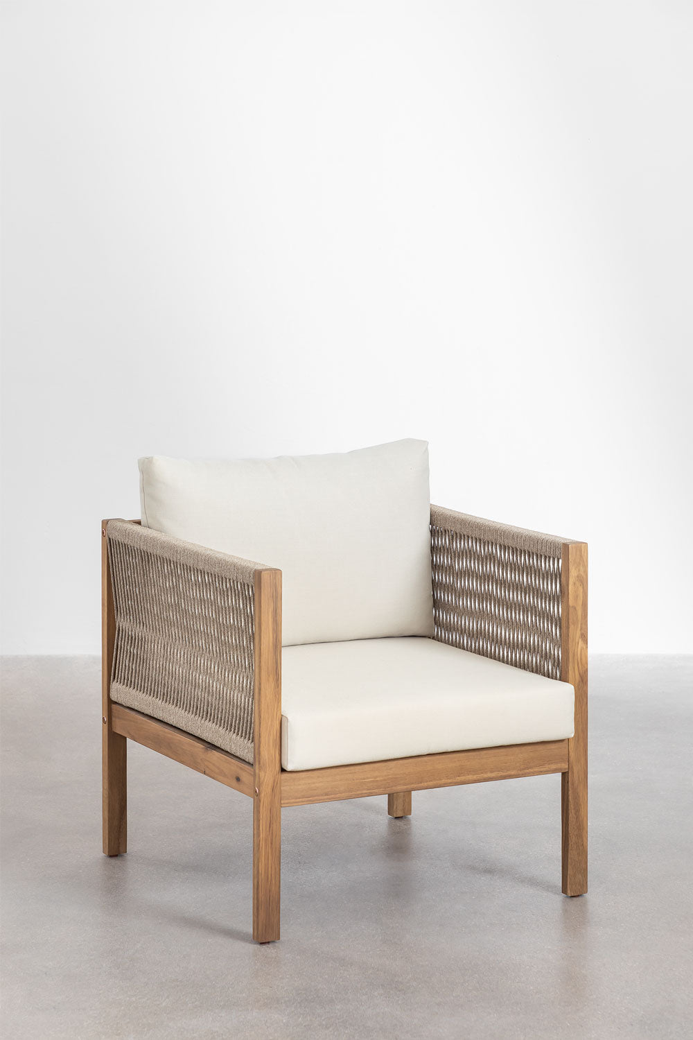 Ensemble de jardin avec canapé modulaire 2 pièces avec accoudoirs, 2 fauteuils et table basse en bois d'acacia Branson
