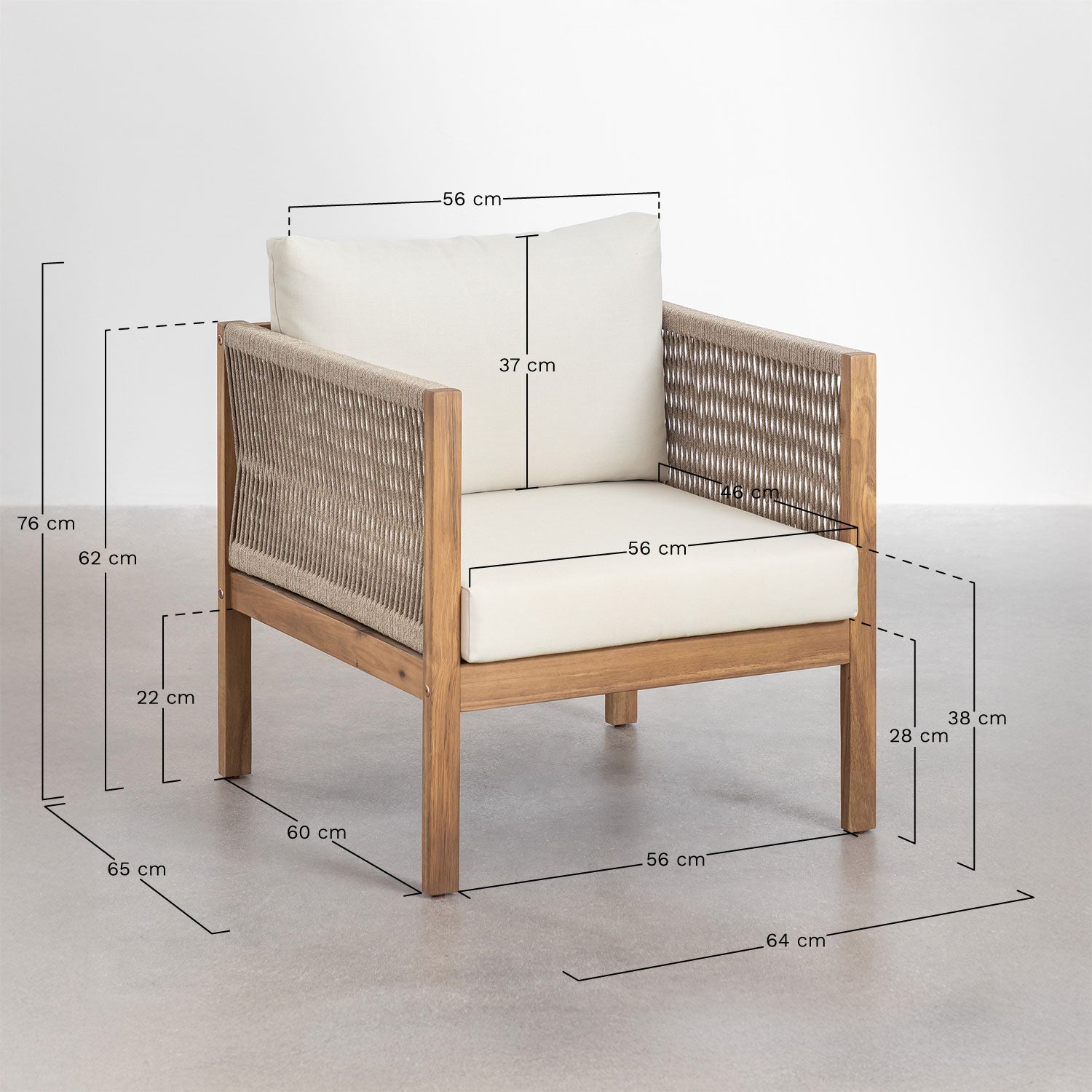 Ensemble de jardin avec canapé modulaire 2 pièces avec accoudoirs, 2 fauteuils et table basse en bois d'acacia Branson