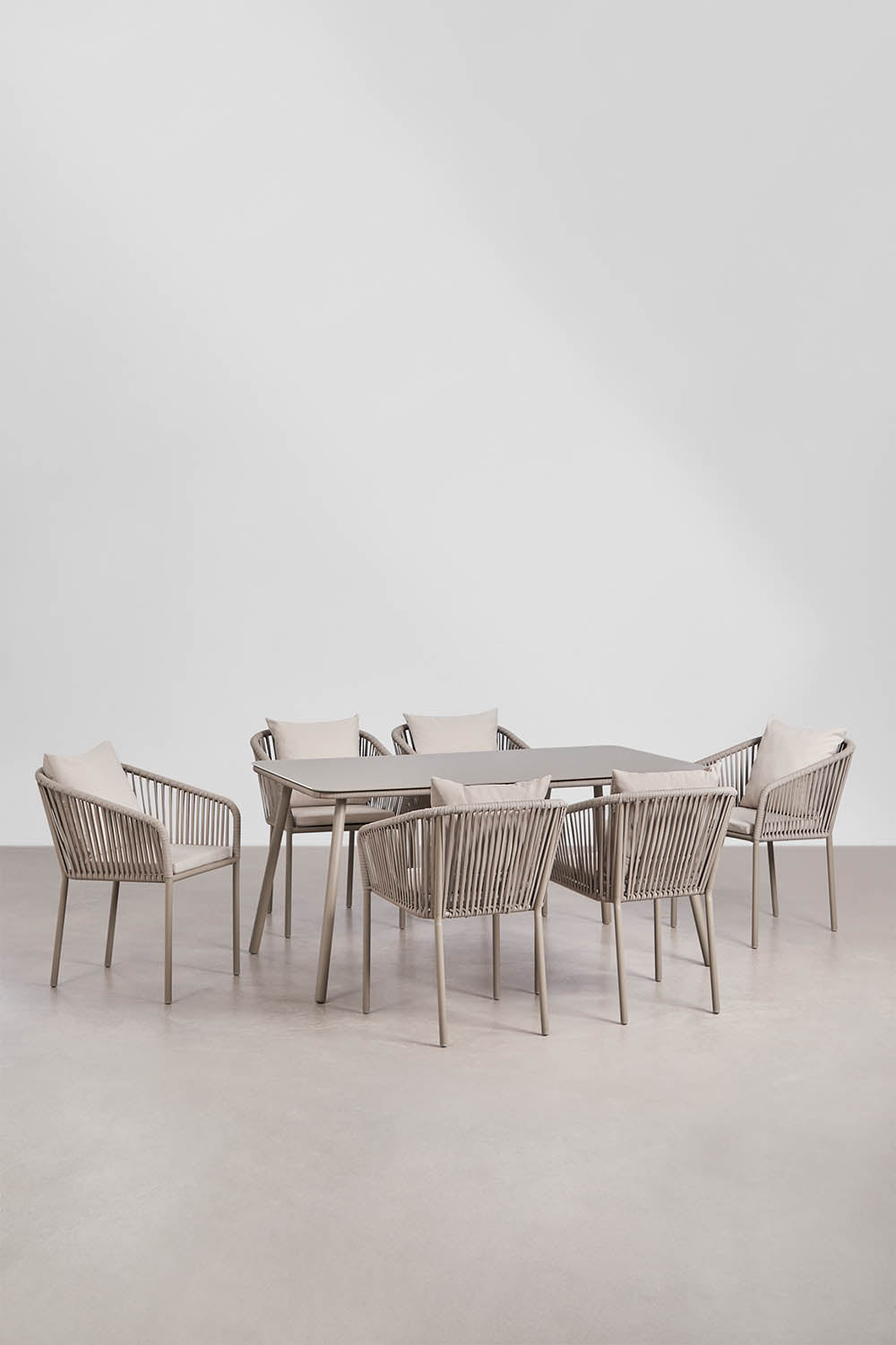 Ensemble de table rectangulaire 160x90 cm et 6 chaises de salle à manger en corde tressée Arhiza Classic