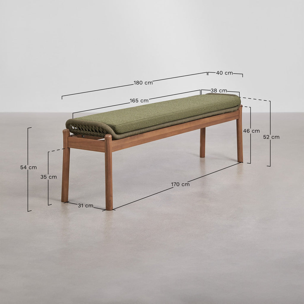 Set de table rectangulaire 180x90 cm et 2 bancs de jardin en bois d'acacia et corde tressée Karvia