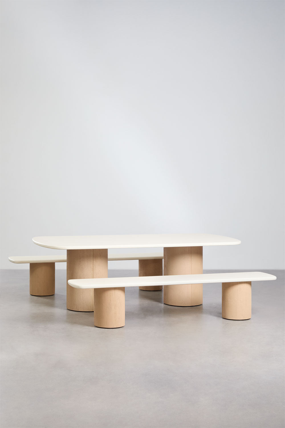 Set de table rectangulaire 230x110 cm et 2 bancs de jardin en ciment et bois d'acacia Sharpay