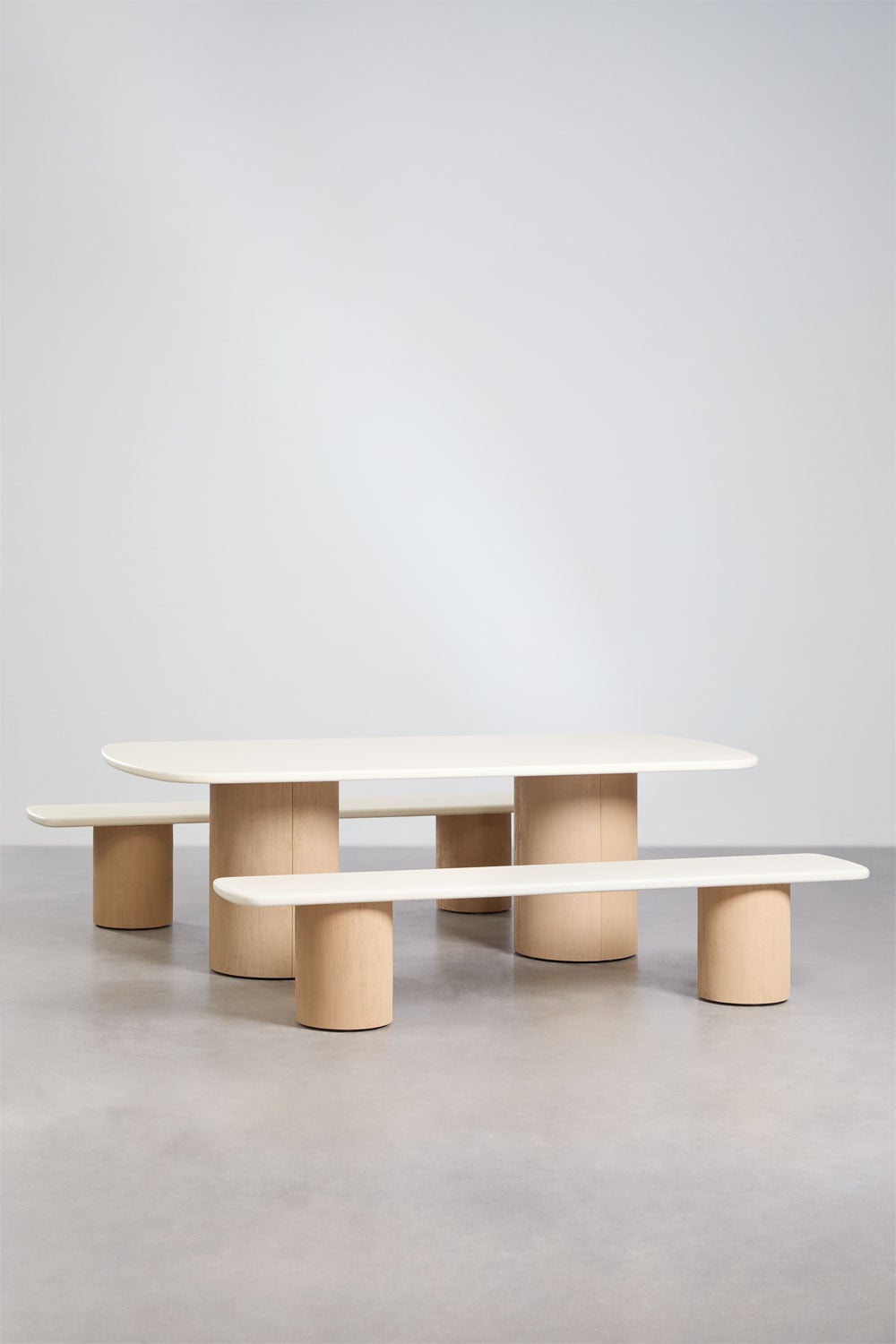 Set de table rectangulaire 230x110 cm et 2 bancs de jardin en ciment et bois d'acacia Sharpay