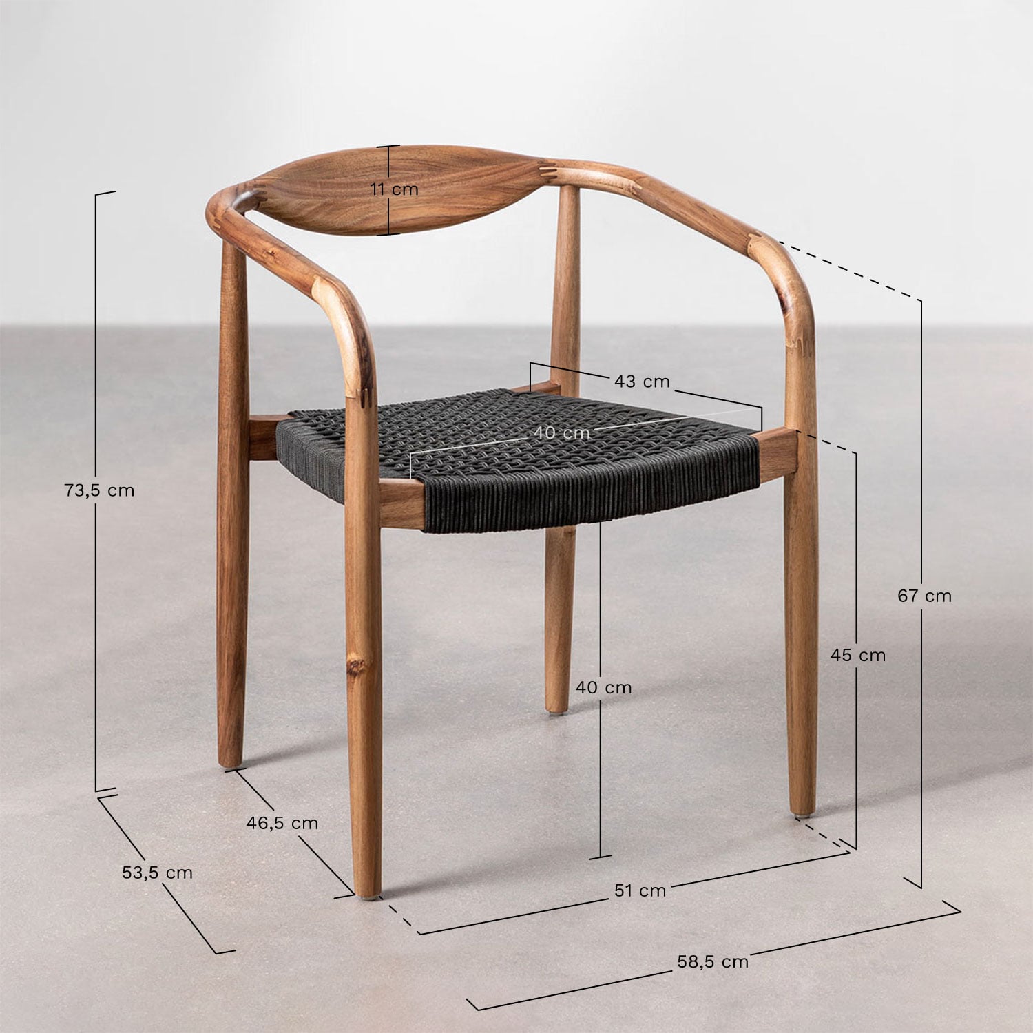 Set de table rectangulaire 270x110 cm en ciment Sirvon et 10 chaises de jardin avec accoudoirs en bois d'acacia Mallory