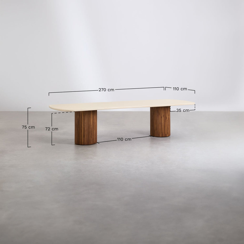 Set de table rectangulaire 270x110 cm en ciment Sirvon et 10 chaises de jardin avec accoudoirs en bois d'acacia Mallory