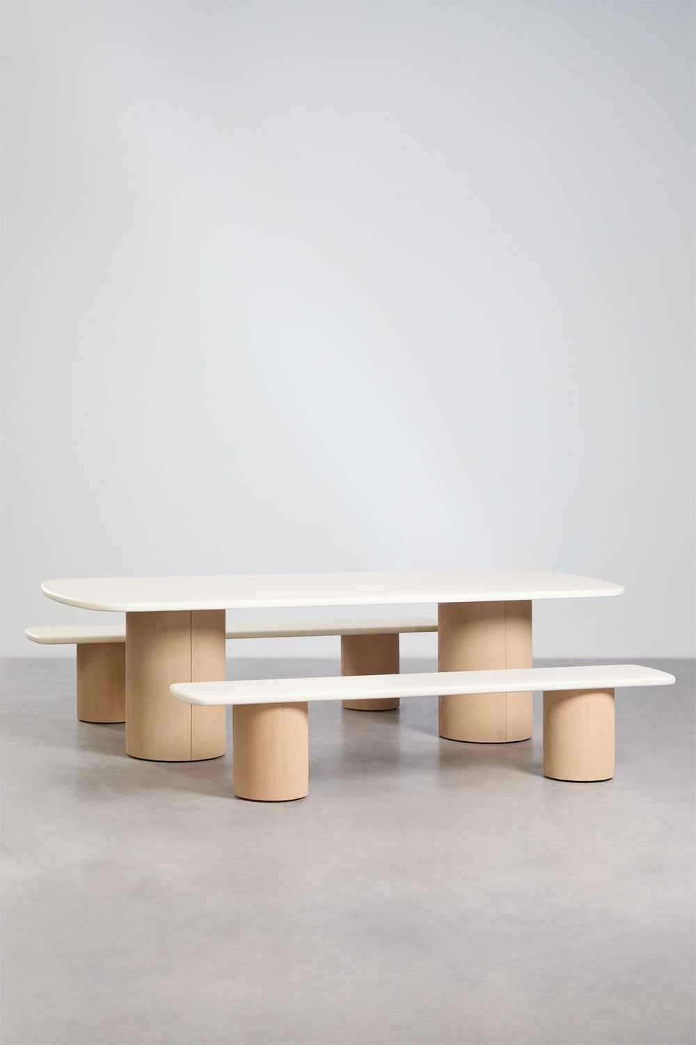 Set de table rectangulaire 270x110 cm et 2 bancs de salle à manger en ciment et bois d'acacia Sharpay