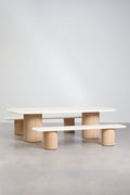 Set de table rectangulaire 270x110 cm et 2 bancs de salle à manger en ciment et bois d'acacia Sharpay