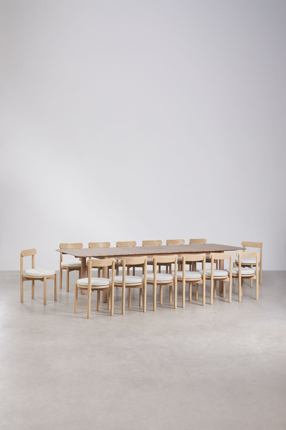 Set de table rectangulaire extensible Duala 250-310x105 cm et 14 chaises de salle à manger en bois d'acacia Nualis