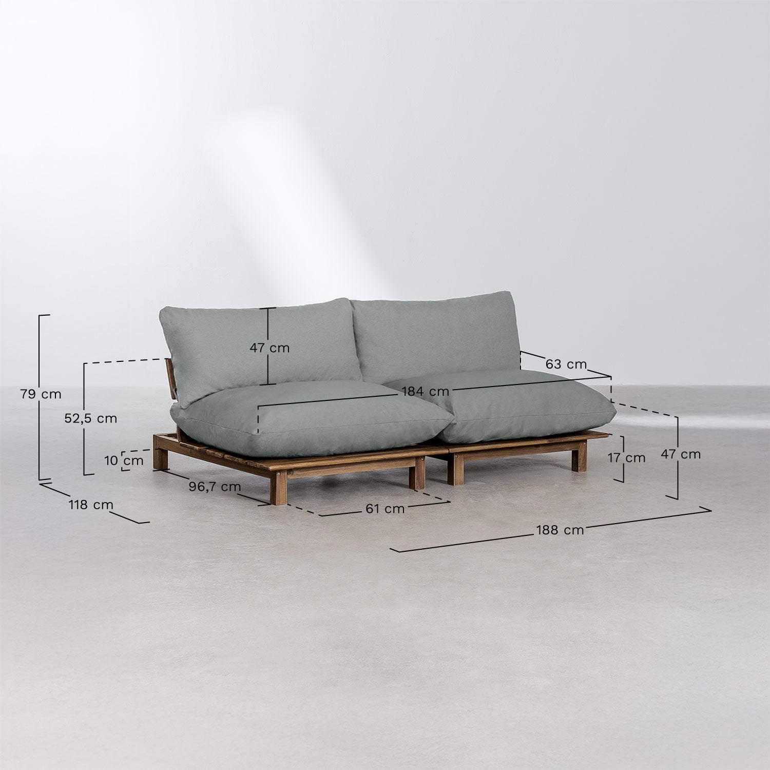 Canapé inclinable modulaire 2 pièces Brina en bois d'acacia