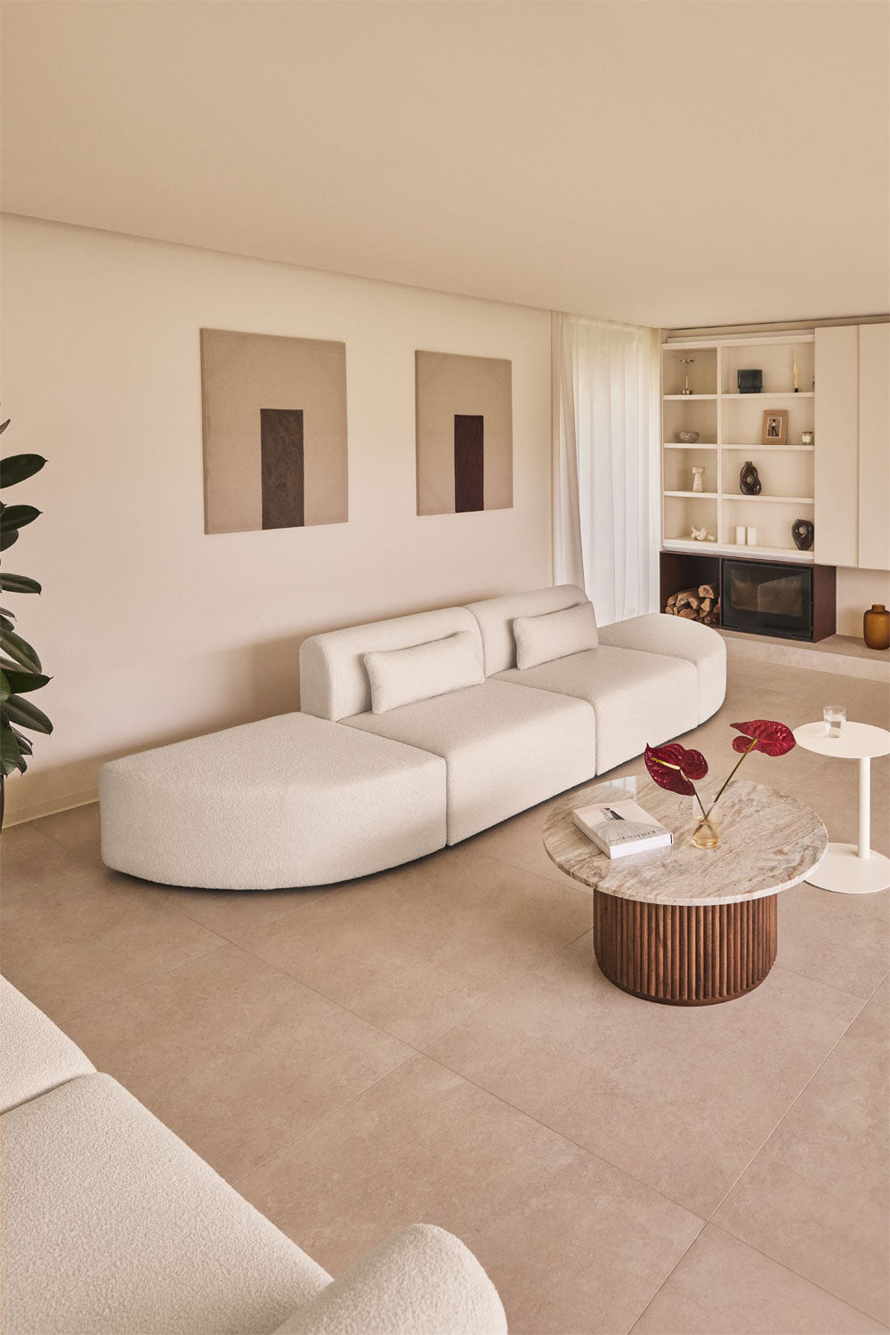 Canapé modulaire 2 pièces avec 2 poufs triangulaires en tissu bouclette Borjan