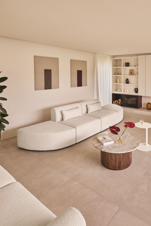 Canapé modulaire 2 pièces avec 2 poufs triangulaires en tissu bouclette Borjan