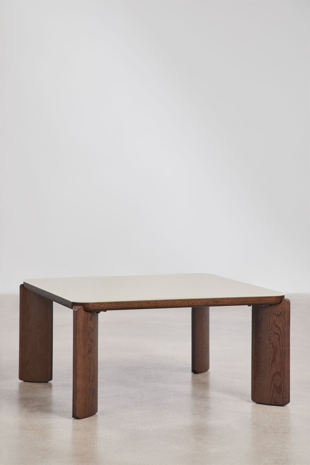 Table basse carrée 80x80 cm en verre trempé et MDF Nilea