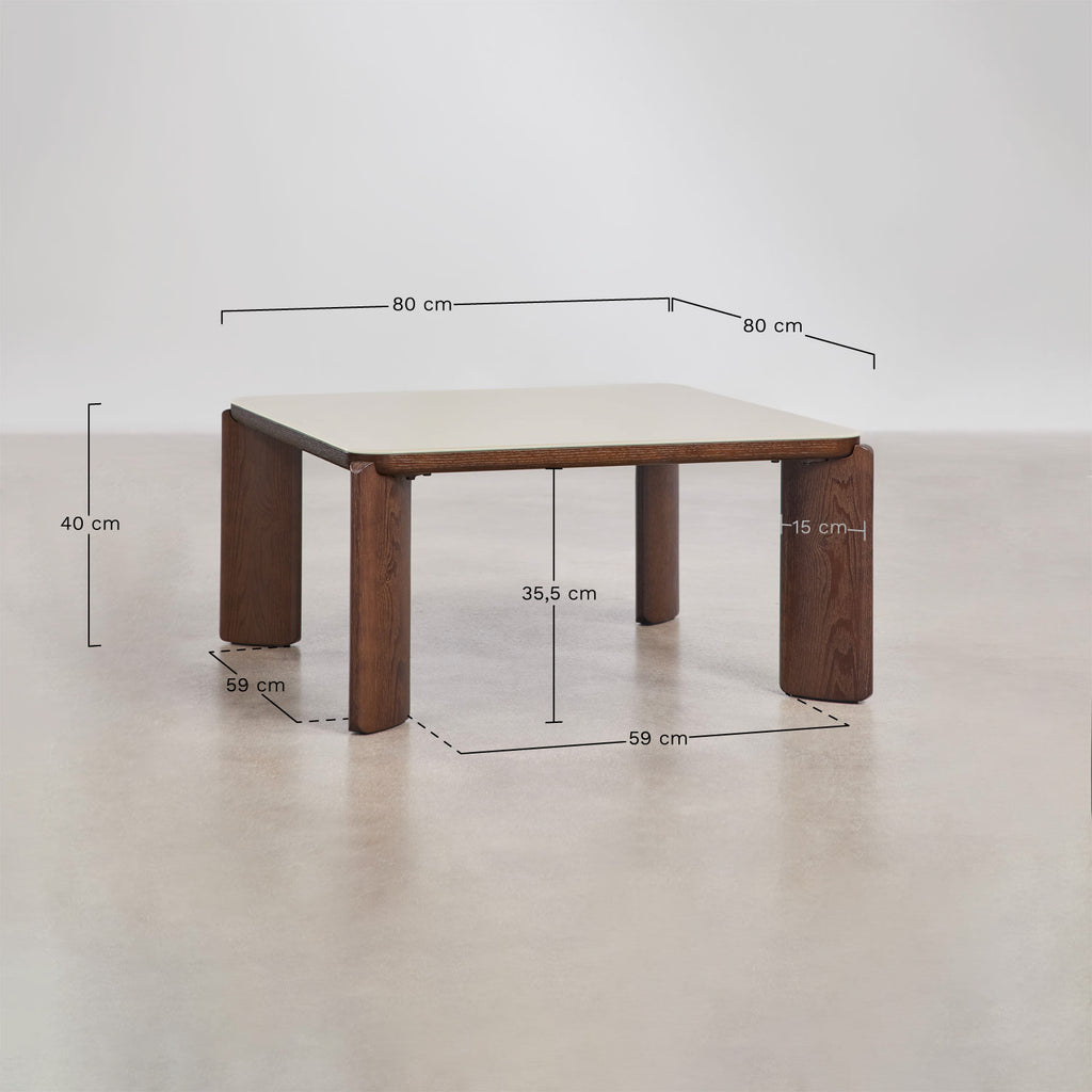 Table basse carrée 80x80 cm en verre trempé et MDF Nilea