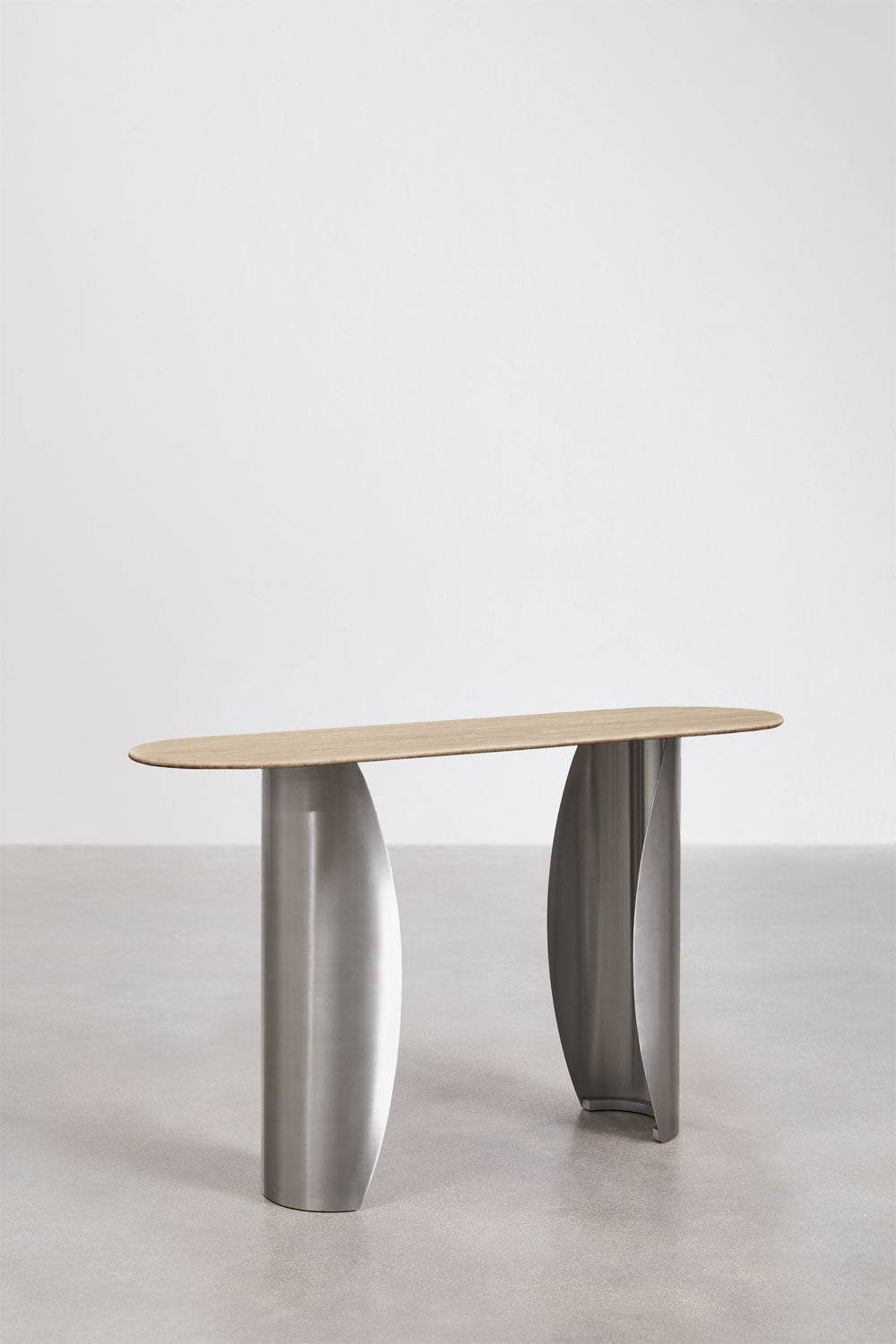 Console d'entrée ovale 135x40 cm en travertin et acier inoxydable Neriyu